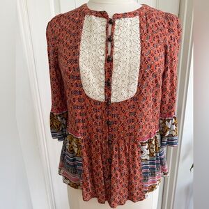 Maeve Rust Floral Lace-Yoke Peasant Tunic